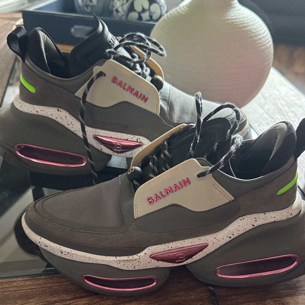 Balmain Gray and Pink Sneakers with Green Accents